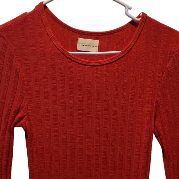 Simon Miller Midi Ribbed Knit Fitted Long Sleeve Orange Red Dress SZ 0 - Picture 3 of 7